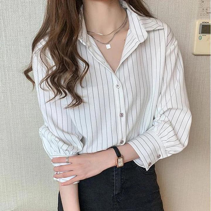Damen Lockeres Langarmshirt mit Streifen Blau Weiß