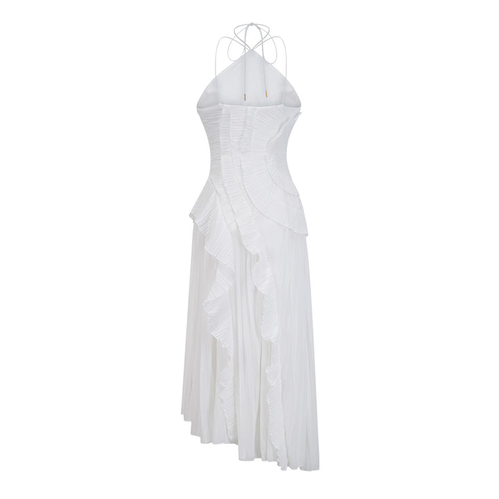 Weißes Midikleid mit Falten und Teerosen-Detail
