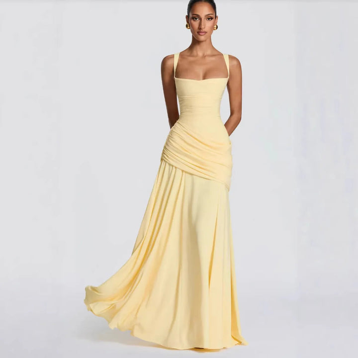 Gelbes gerafftes Drapiertes Maxikleid