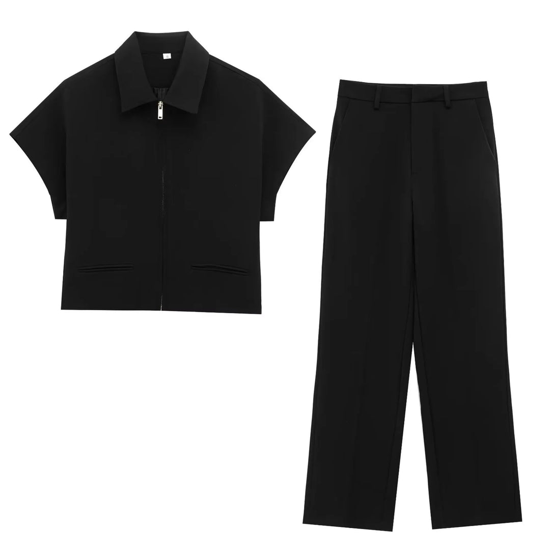 Damen Slim Revers Reißverschluss Kurzarm Mantel Oberteil Weite Bein Hose Set Schwarz