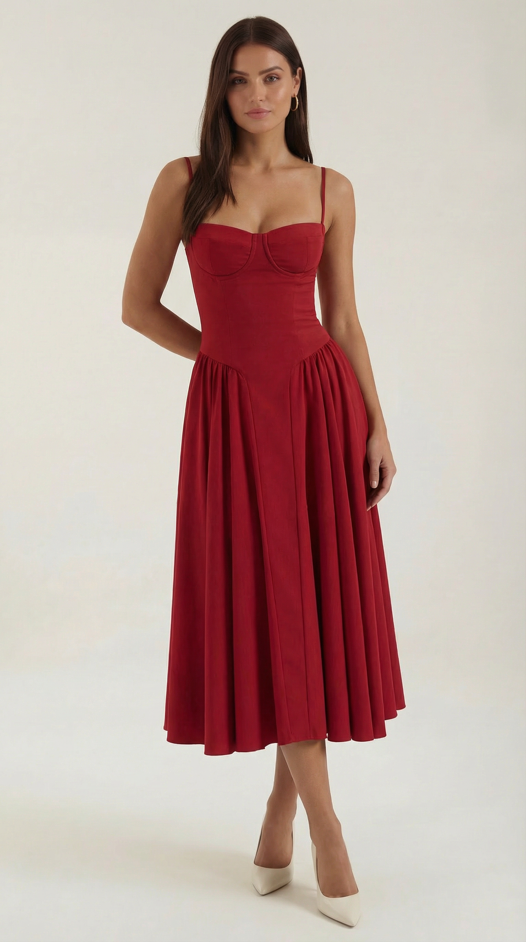 Damen Blumenmieder Midikleid mit Herzausschnitt