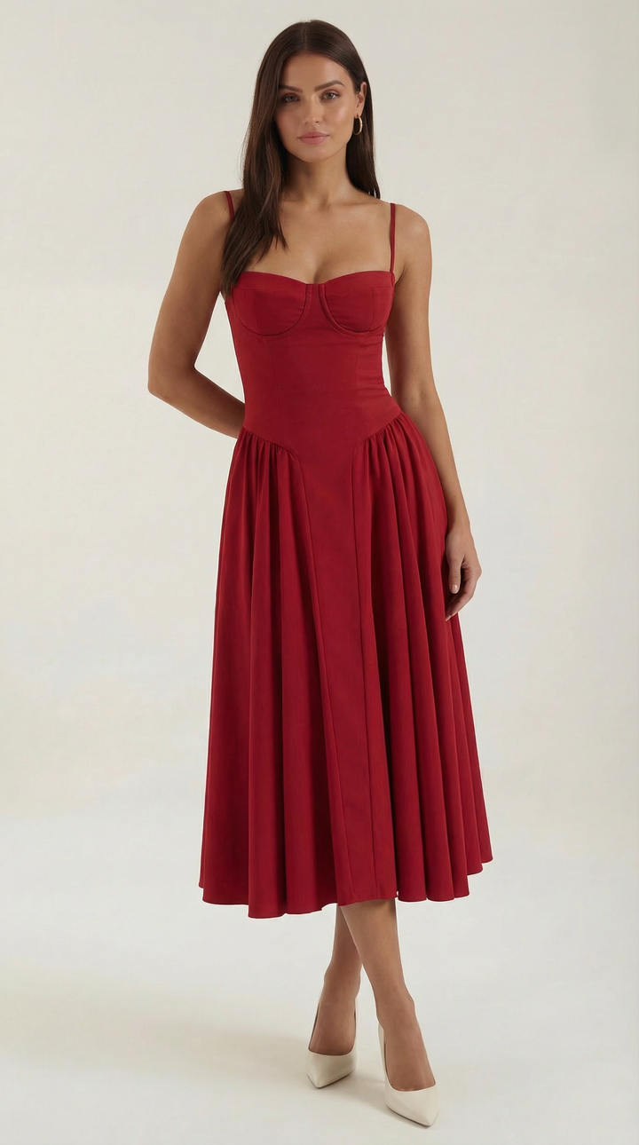 Damen Blumenmieder Midikleid mit Herzausschnitt