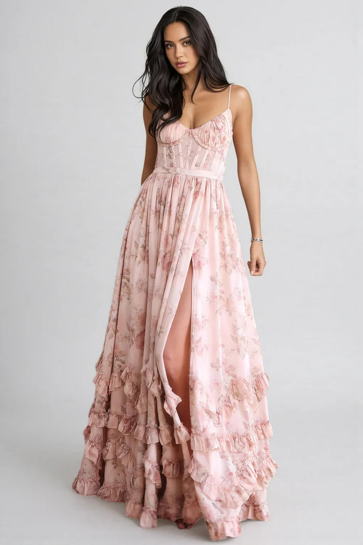 Maxikleid mit Spaghettiträgern und gerafftem Saum