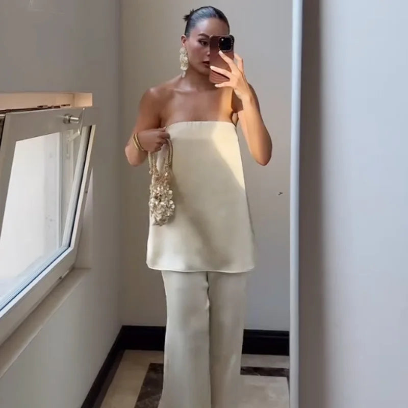 Damen Satin Zweiteiler Trägerloses Tube-Top Hochtaillierte Hose