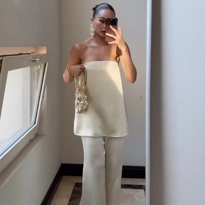 Damen Satin Zweiteiler Trägerloses Tube-Top Hochtaillierte Hose