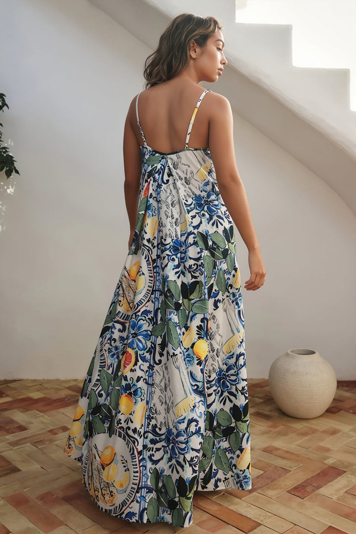 Sommerliches Damen-Maxikleid im Boho-Stil mit Pflanzenprint, Rückansicht