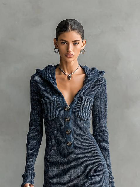 Damen-Maxikleid aus Strick mit Kapuze und langen Ärmeln