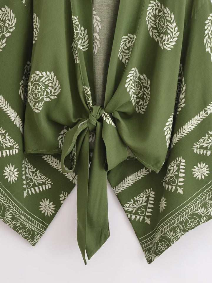 Boho Blumendruck Baumwolle Viskose Kimono Kurzer Bademantel Damen Strandüberwurf
