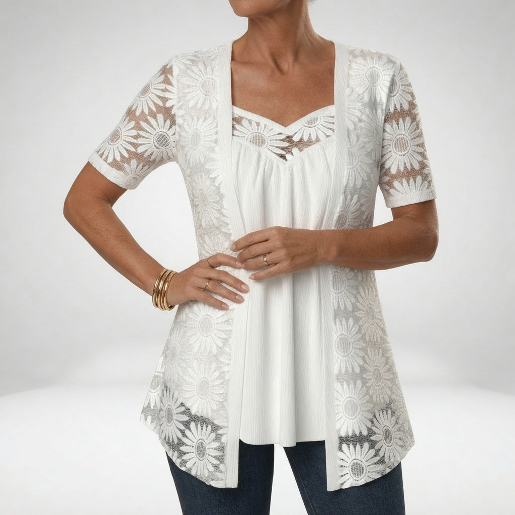 Damenbluse mit floraler Spitze und Stickerei