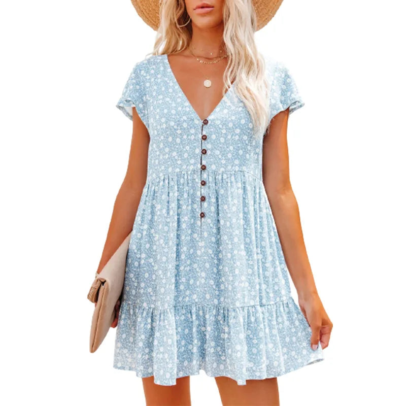 Damen Sommer Blumen V-Ausschnitt Falten Mini Kleid