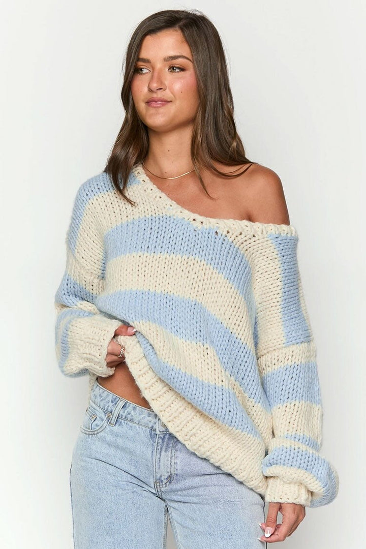 Gemütlicher Schulterfreier Gestreifter Strickpullover für Herbstlagen