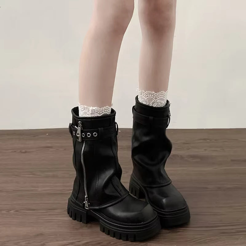 Damen Plateau-Biker-Stiefeletten mit Schnallen