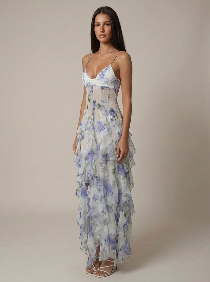 Bohemian Santorini Maxikleid mit Blumenmuster