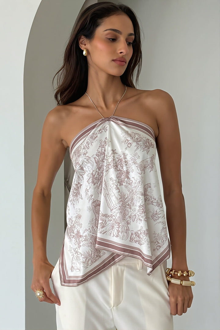 Sommerliches Damen-Neckholdertop mit Blumenmuster seitlich gezeigt