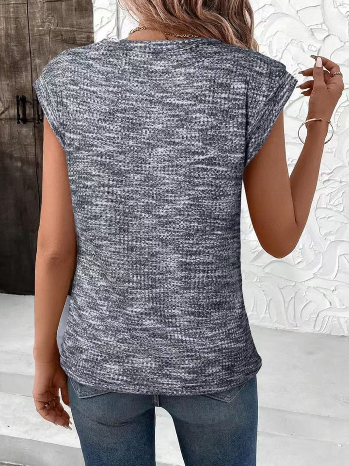 Grau meliertes T-Shirt mit Rundhalsausschnitt und kurzen Ärmeln für Damen