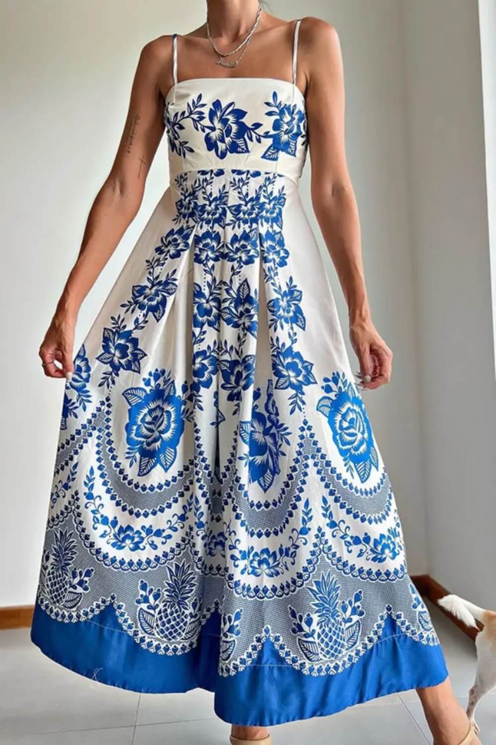 Polyester Spaghettiträger Midi Kleid Blau
