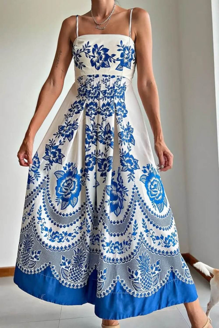 Polyester Spaghettiträger Midi Kleid Blau