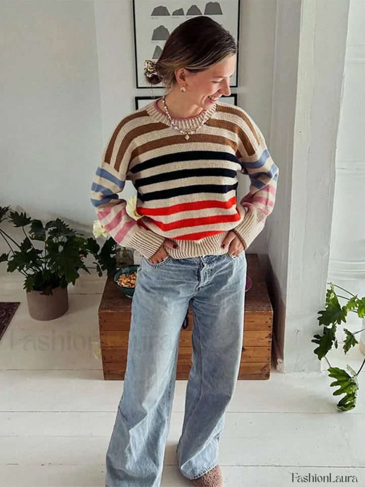 Bunter gestreifter Vintage-Strickpullover mit Rundhalsausschnitt