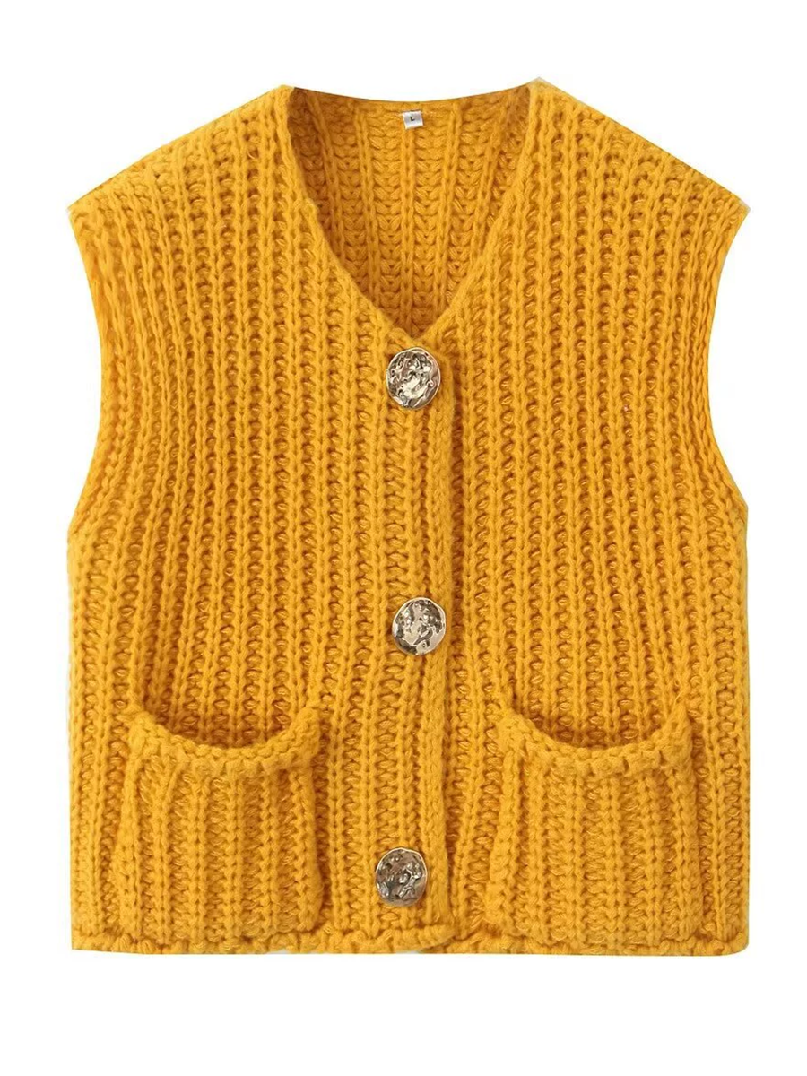 Damen Strickcardigan Ärmellos Mit Knöpfen Und Taschen