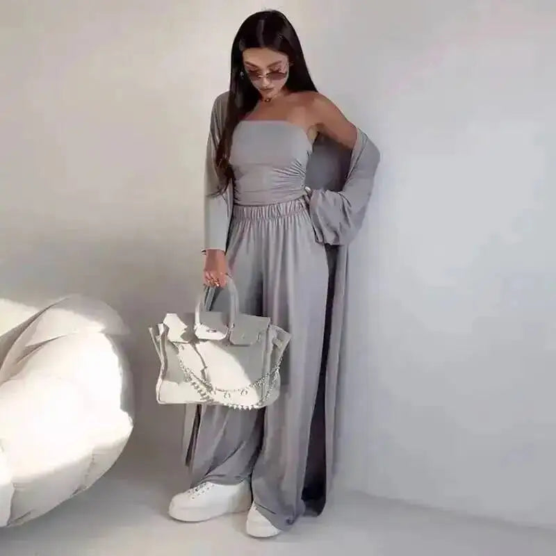 Damen Lässiges Trägerloses Top Langstrickjacke Weite Hosen Set