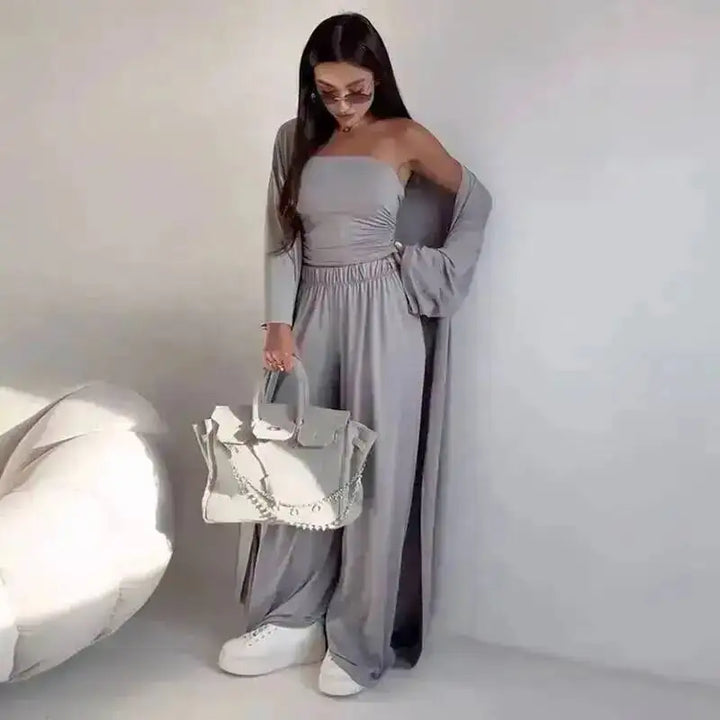 Damen Lässiges Trägerloses Top Langstrickjacke Weite Hosen Set