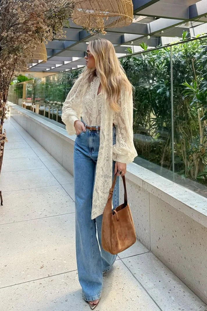 Damen Transparente Spitzenbluse mit Schleifenkragen Aprikose