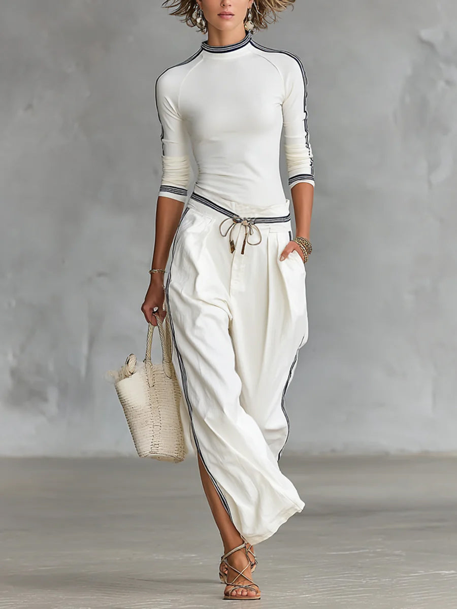 Gemütliches Stretch-Strickoberteil und Leinen-Baumwollhose Zweiteiler Set