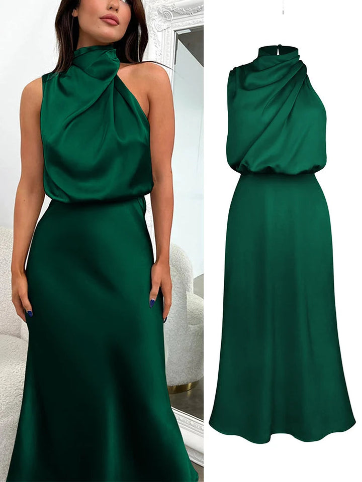 Damen Satin Asymmetrisch Geschnittenes Midi-Kleid