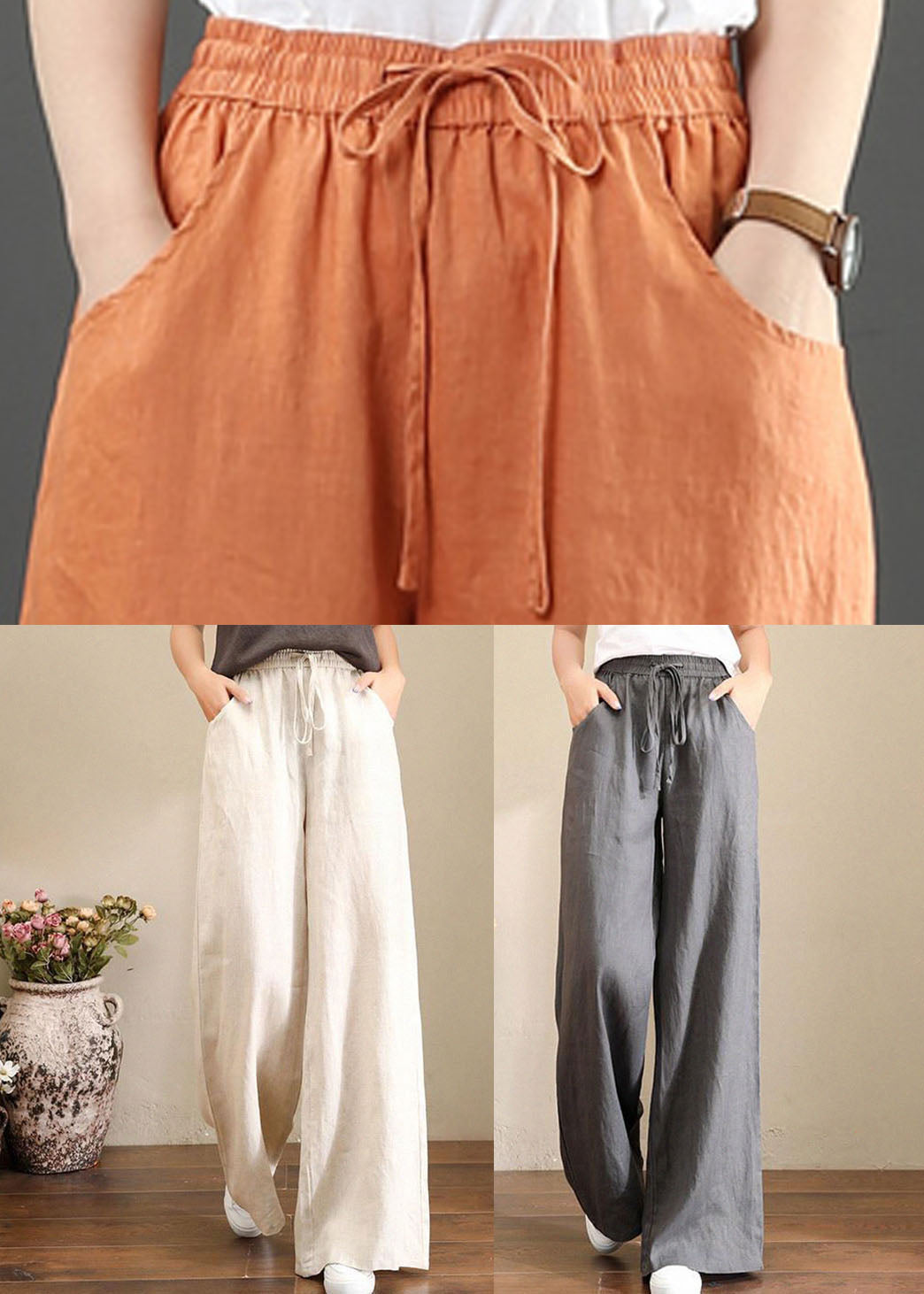 Französisch graue Leinenhose mit weitem Bein, elastischem Bund und Taschen