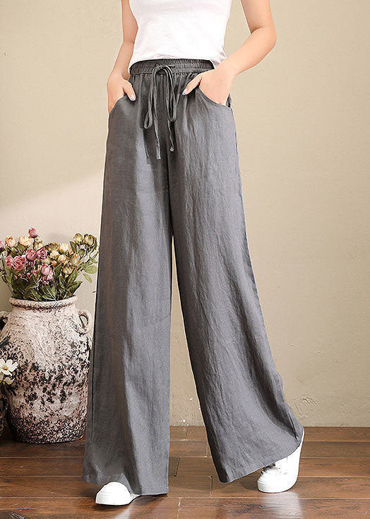 Französisch graue Leinenhose mit weitem Bein, elastischem Bund und Taschen