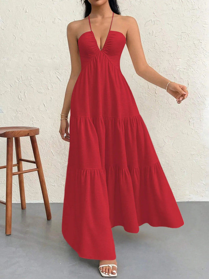 Maxikleid mit Neckholder und Stufen aus transparentem Polyester