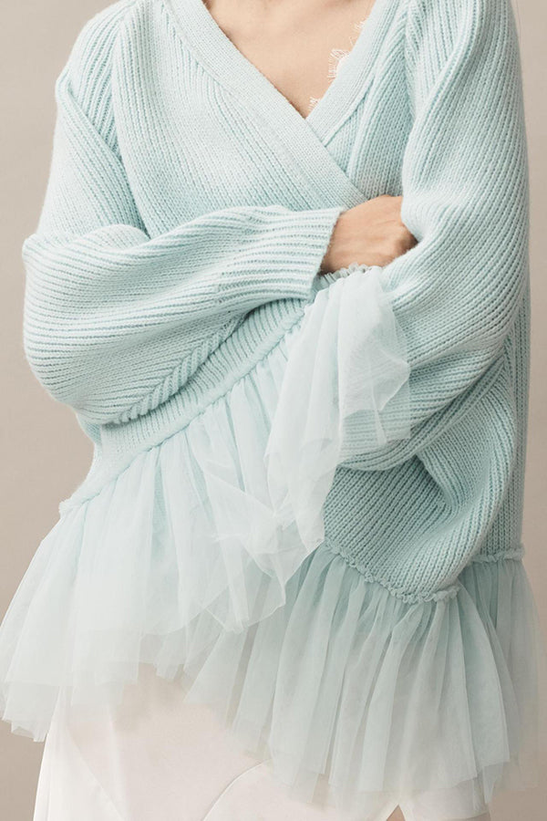 Strick-Cardigan mit Mesh-Rüsche und langen Ärmeln