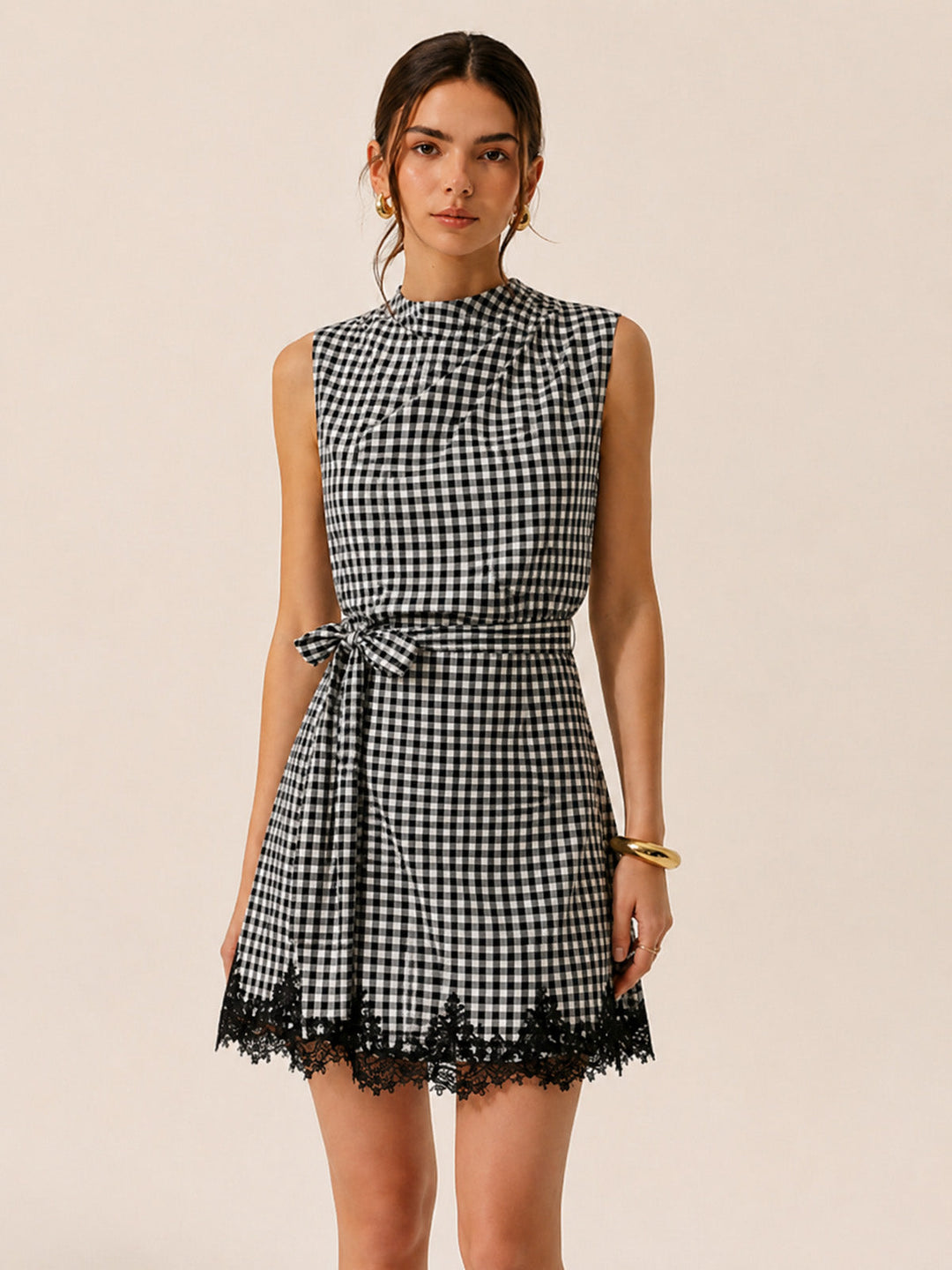 Damen Minikleid Mit Vichykaros Und Bindegürtel