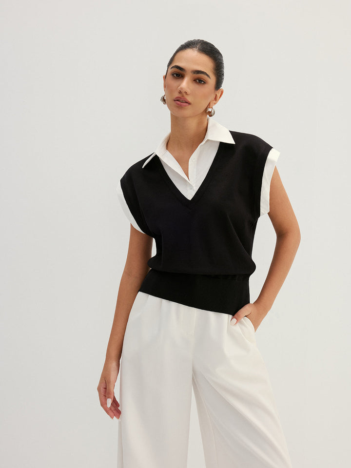 Damen Strickoberteil mit Kragen in Layering-Optik von hinten