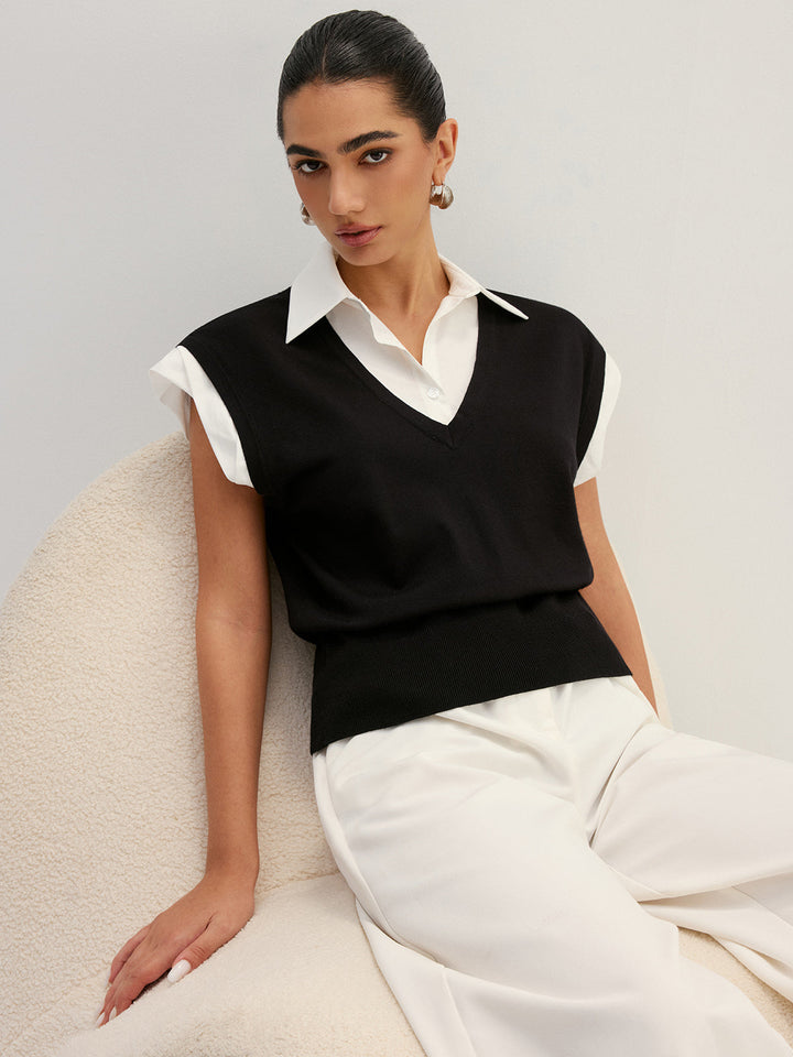 Detailaufnahme vom Kragen und der Layering-Optik des Damen Strickoberteils