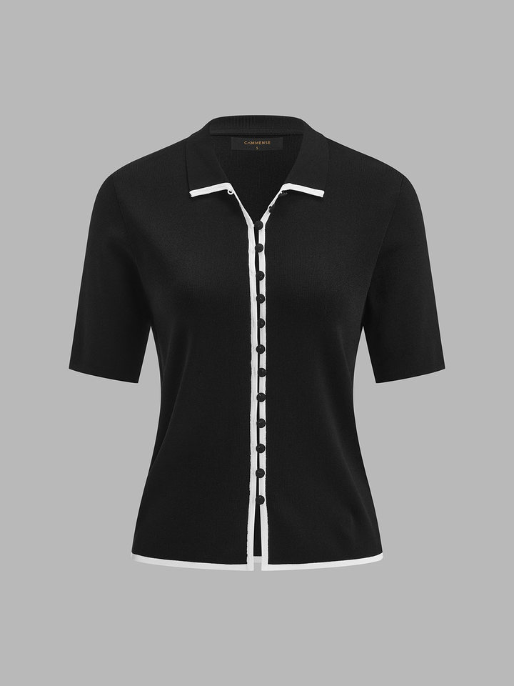 Damen Kurzarm-Stricktop mit Kragen und feinem Kontrastdetail