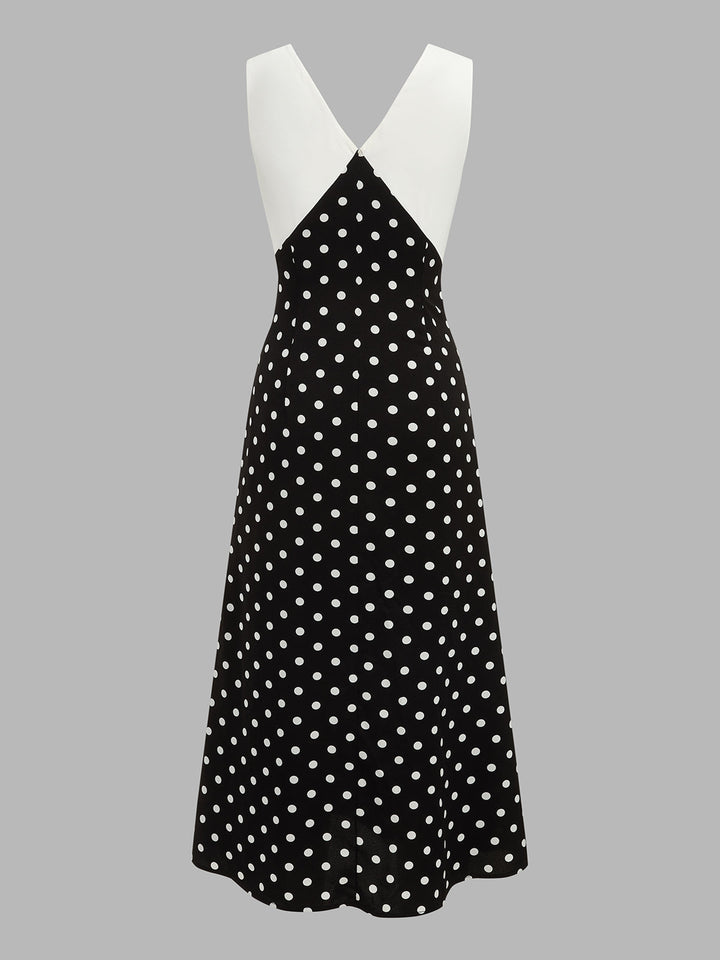 Seitenansicht des Damen Maxikleids mit V-Ausschnitt und Polka Dots