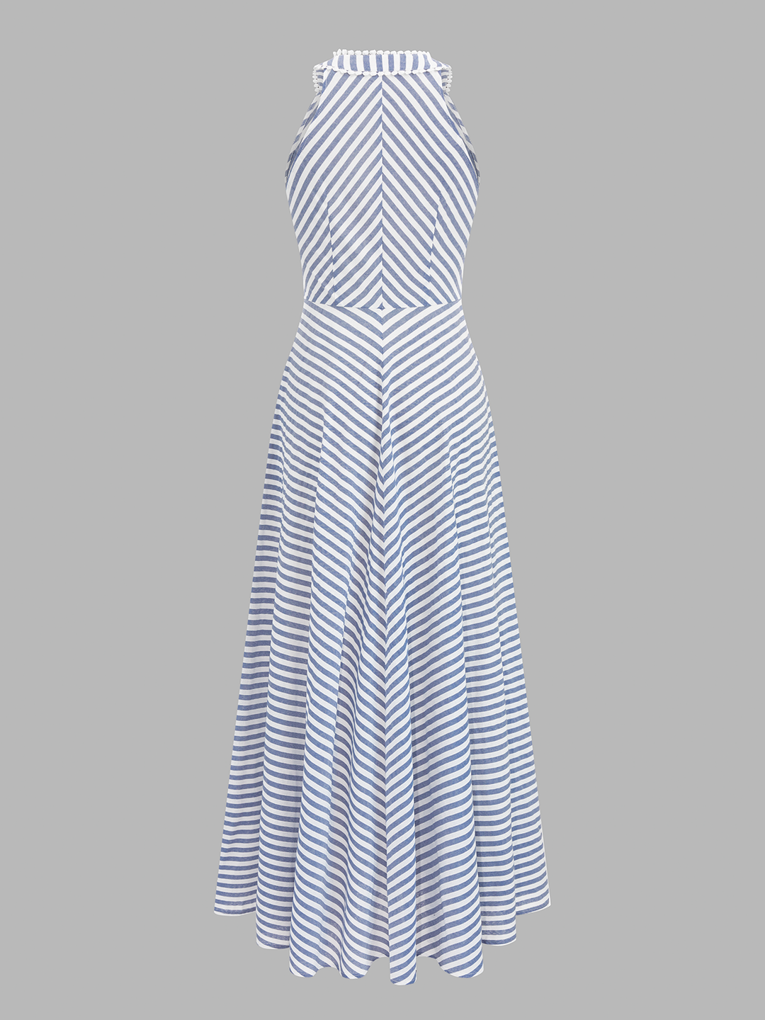 Rückansicht eines gestreiften Damen Midikleids mit Neckholder