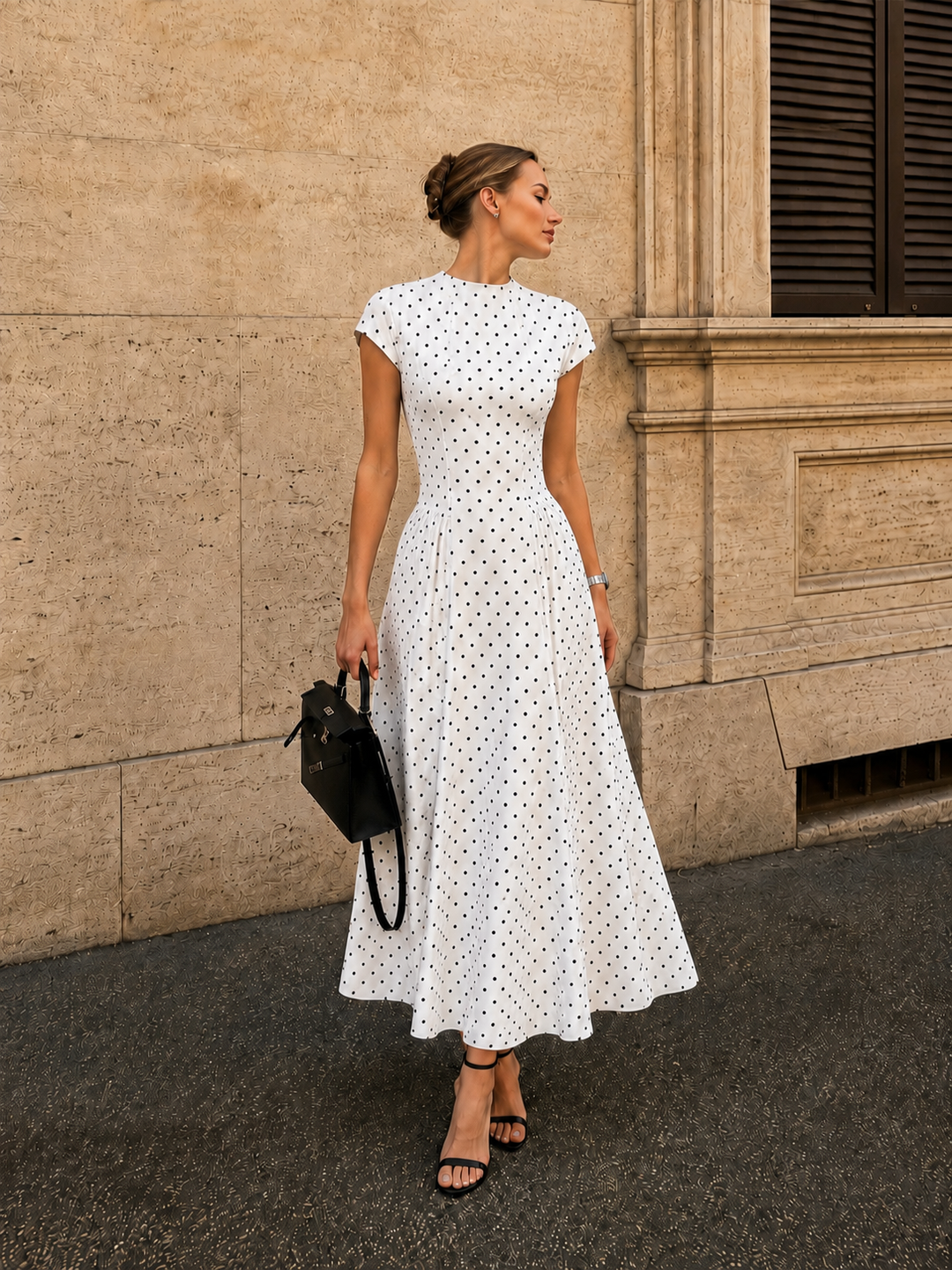 Damen-Maxikleid mit Polka Dots und Fit-&-Flare-Schnitt in Vorderansicht