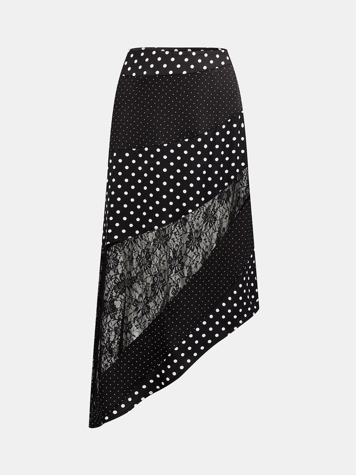 Damen Midirock Asymmetrisch Mit Tupfen Und Spitze