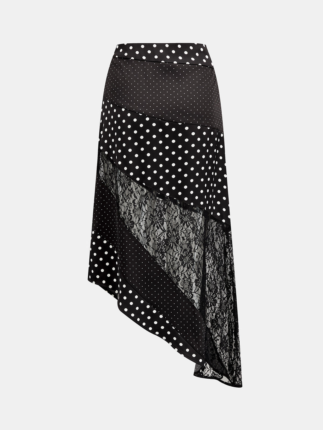 Asymmetrischer Midirock für Damen mit Polka-Dot-Design und Patchwork-Spitze