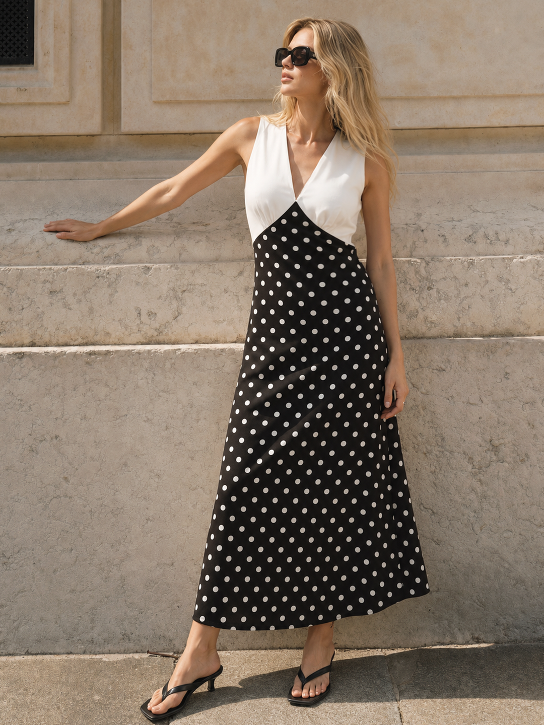 Damen Maxikleid mit Polka Dots und V-Ausschnitt in voller Ansicht