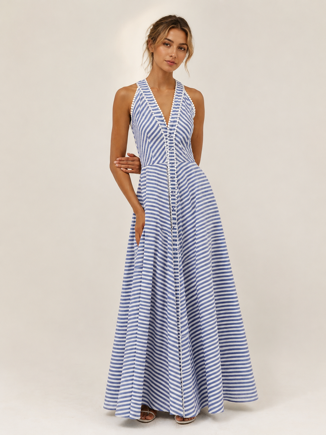 Damen Midikleid mit Streifen, Neckholder und V-Ausschnitt in voller Ansicht