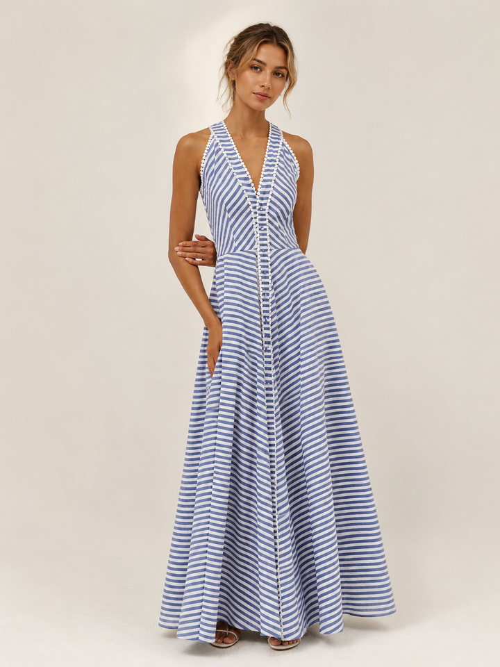 Damen Midikleid mit Streifen, Neckholder und V-Ausschnitt in voller Ansicht