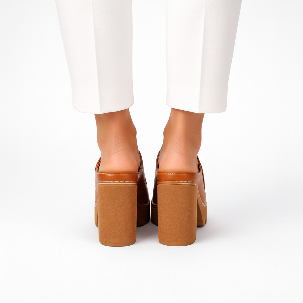 Elegante Blockabsatz-Sandaletten für Damen, Detail der Sohle und Absatzform