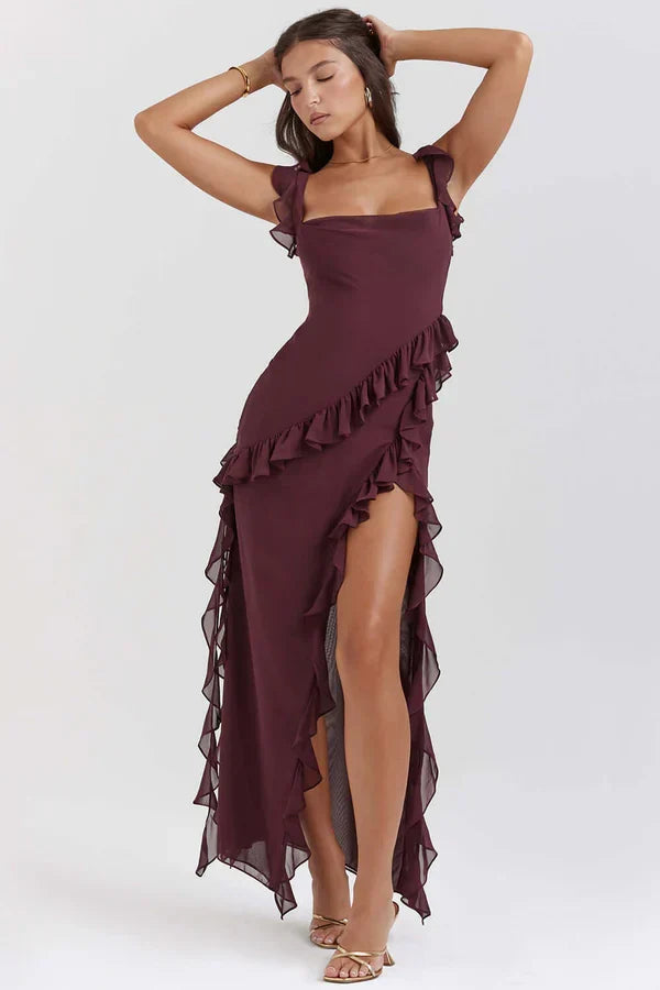 Damen-Maxikleid mit Rüschen und eckigem Ausschnitt in der Gesamtansicht