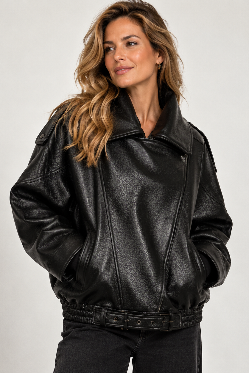 Damen-Kunstlederjacke mit modernem Stehkragen in der Vorderansicht