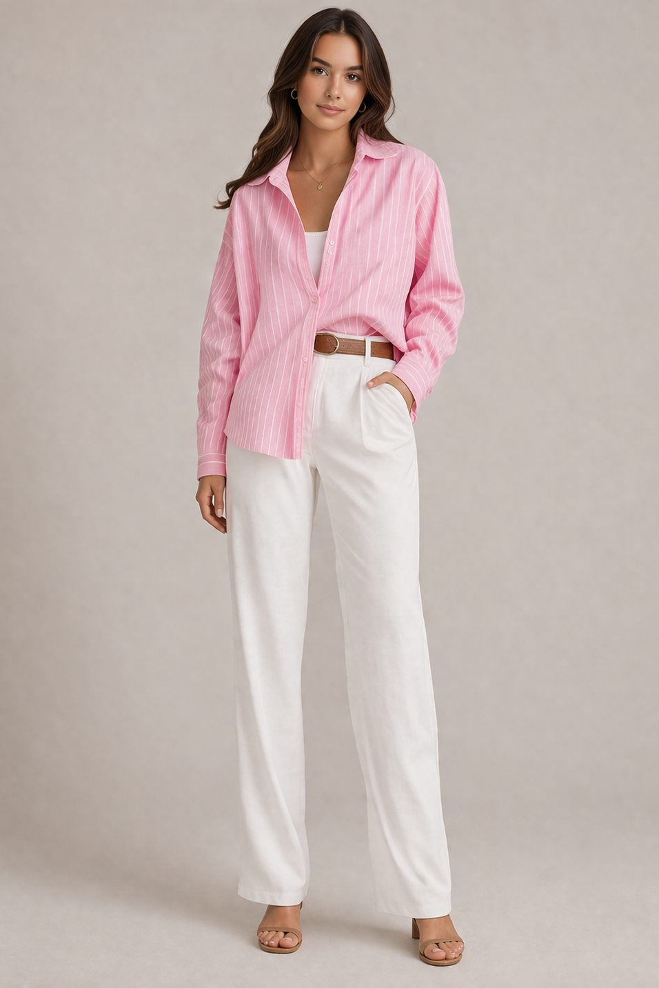 Rosa-weiße Damenbluse mit Knopfleiste und Hemdkragen in gestreiftem Design