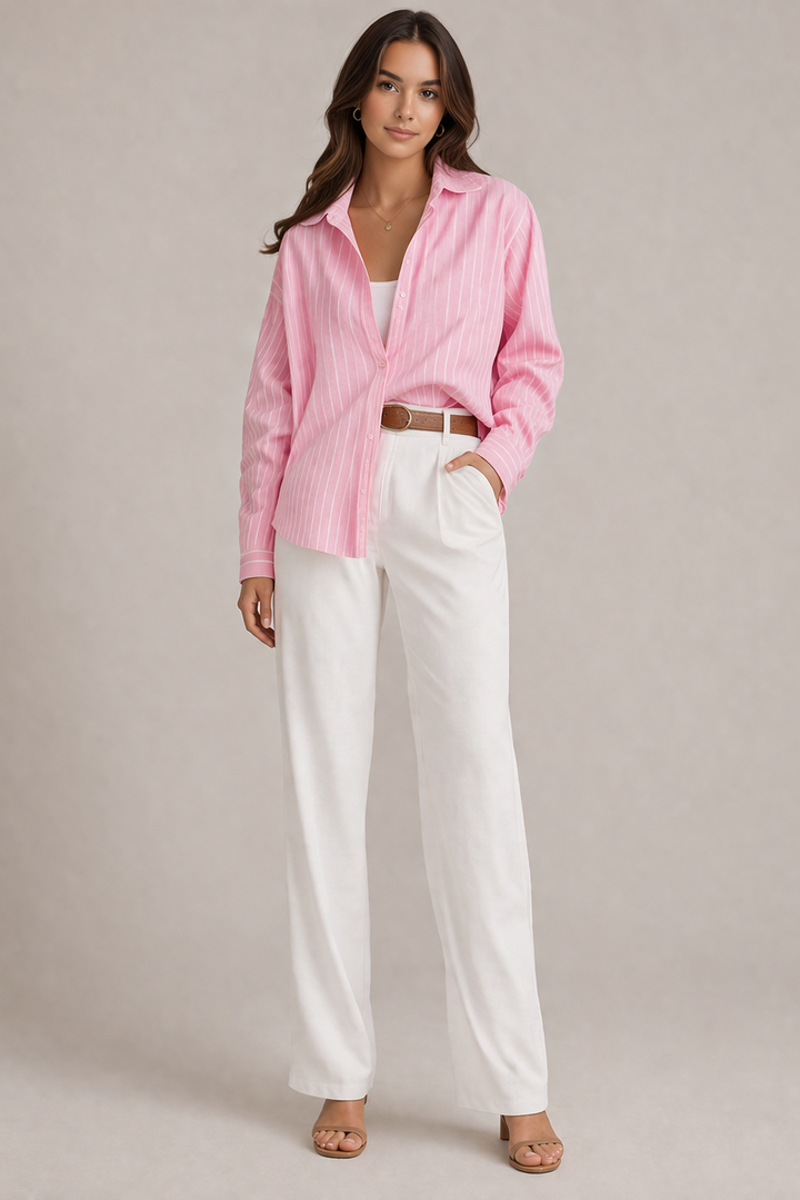 Rosa-weiße Damenbluse mit Knopfleiste und Hemdkragen in gestreiftem Design