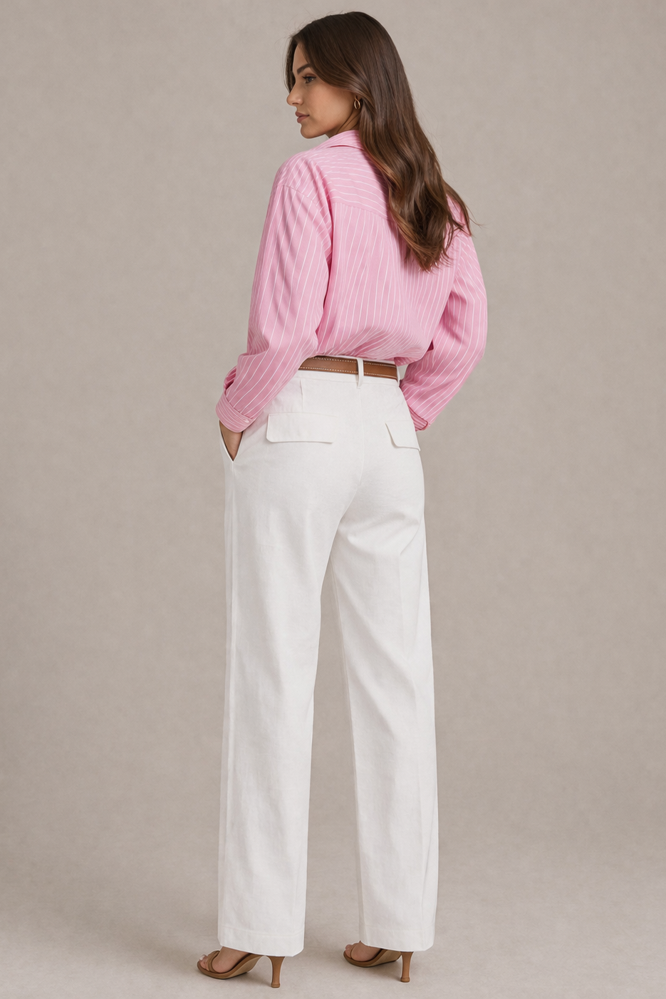Damen Bluse gestreift in Rosa und Weiß mit langen Ärmeln und klassischem Hemdkragen